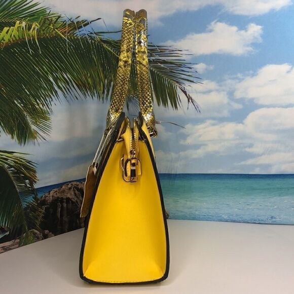 ALYSSA Vegan Leather Yellow Satchel Crossbody Bag Purse w Snakeskin Print NWT - Picture 3 of 9